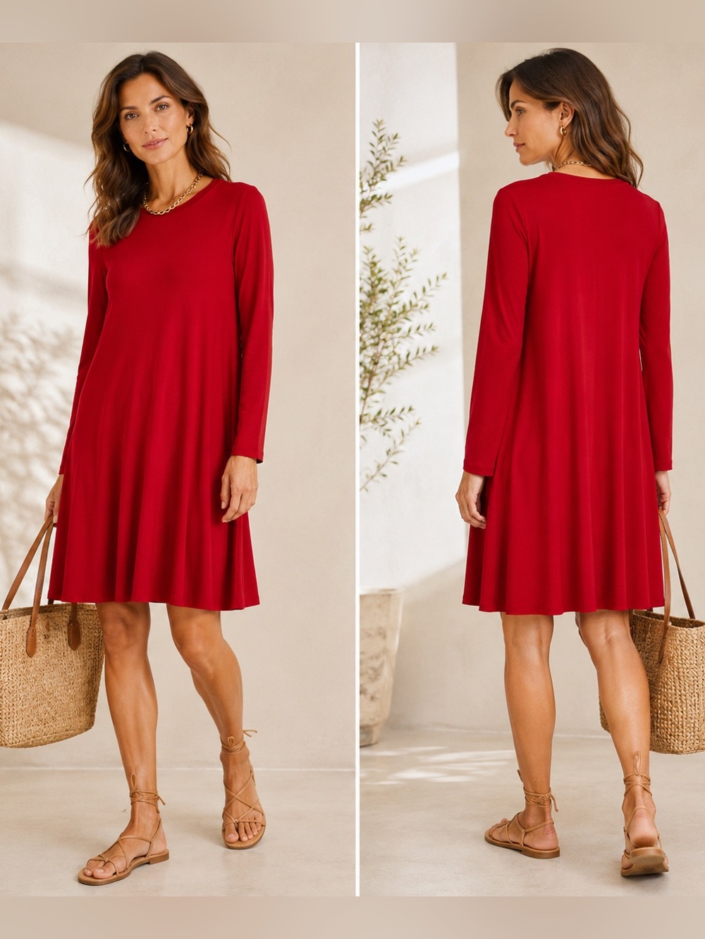 Norma Kamali Red Swing Dress Long Sleeve Crew Neck‎ Knee Length Size Large